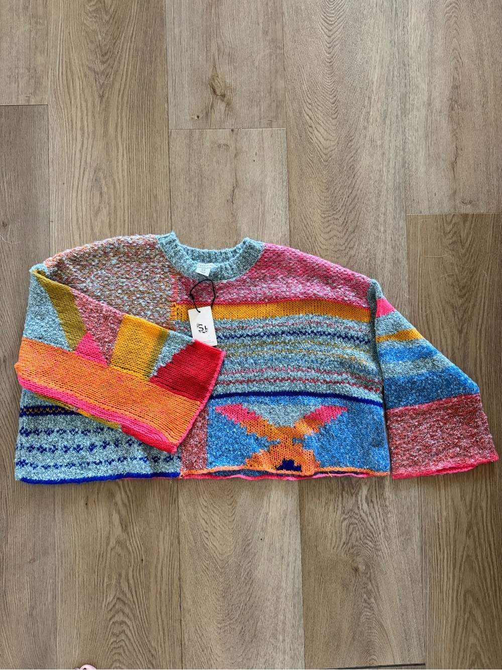 Sincerely Jules Boho Patchwork Cropped Oversized Sweater NWT Medium Colorful
